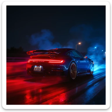 Cinematic still of a porsche 911, night photo, red lights and blue bright night  sticker