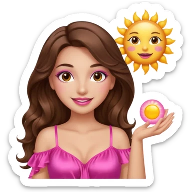 girl with long wavy brown hair, brown eyes, long lashes makeup, sexy pink lips, smiling, light to medium complexion, wearing a pink sexy silk top, holding a big sun sticker