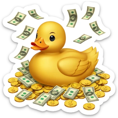 Yellow duck swimming in a pile of gold coins and dollar bills sticker