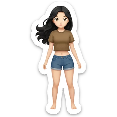 Fair skin girl - long black hair, big waves - wearing brown navel-baring short-sleeved shirt - full body photo sticker