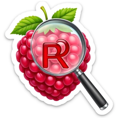 A raspberry R letter holds a magnifier sticker