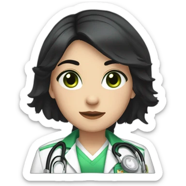 a medic girl with cream, shoulder-length black hair, with accessories, green eyes sticker