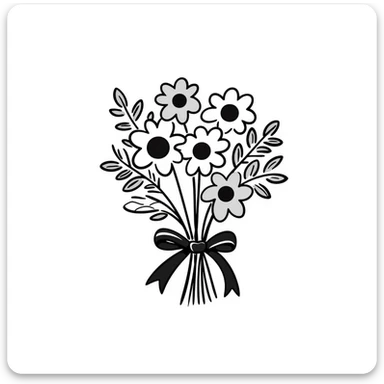 A beautiful bouquet of mixed flowers with ribbon in pastel colors (dd9fb0, ffc6d3, a3bfc9, c4bee2, f1b091), hand-drawn doodle style sticker