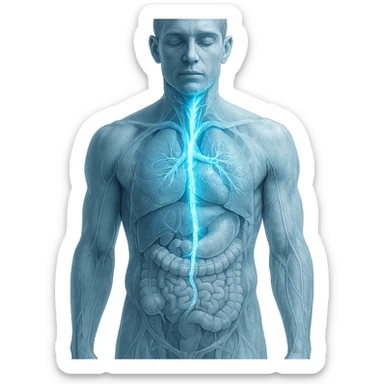 realistic human body with highlighted vagus nerve, front view, detailed anatomy, vagus nerve path clearly visible, cold effect with blue glow and ice crystals along the nerve, transparency on internal organs, white background sticker