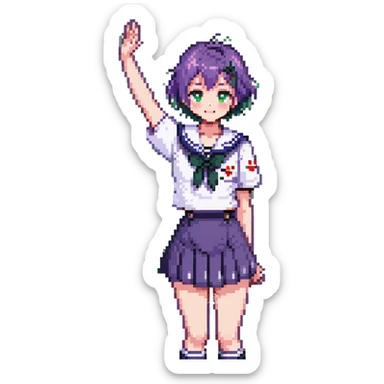 Pixel art anime girl with short bright purple hair wearing Japanese sailor style school uniform, trying to look confident with hand on hip but nervously waving with a shy blush and timid smile sticker