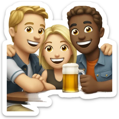 3 white people laughing around a table with beer on it sticker