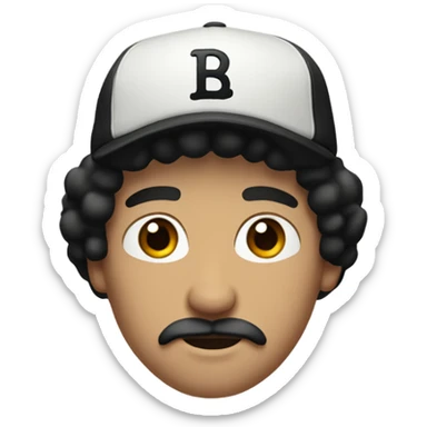 White guy with long/medium length black hair and a baseball hat. Brown eyes and a classic mustache and NO beard. Black hair sticker