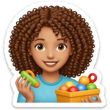 brown girl with curly hair playing with toys sticker