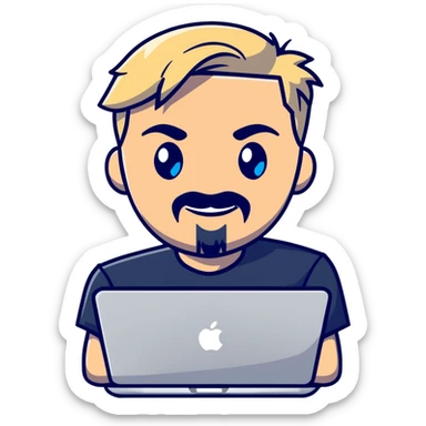 young blond male, blue eyes, modern hairstyle with fringe, sly proud smile, thin blonde mustache and sharp goatee, working on MacBook, clean and stylish, tech professional sticker