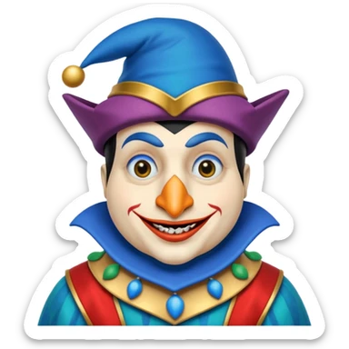 crazy funny colorful real penguin jolly joker, medieval, vintage, court jester, mac os icon, blue color sticker