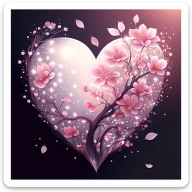 heart with sakura and delicate white sparkles, no background, magical and charming sticker