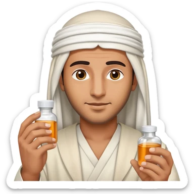 Arab man wearing traditional headdress holding medicine bottle or pill sticker