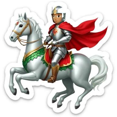 A knight in silver armor with a red cape, riding a white horse atop a green dragon. sticker