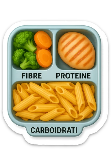 EMOJI STILE IPHONE DI una schiscetta vista dall'alto con 3 porzioni ben distinte: nelle porzioni scrivi le parole FIBRE, PROTEINE, CARBOIDRATI, iperrealistica 4k sticker