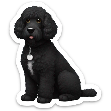 A big bernadoodle dog, hair all black. All black except for white on its neck. an all black face sticker