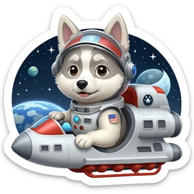 furry white coat husky in full battle gear posing cutely on a space cruiser sticker