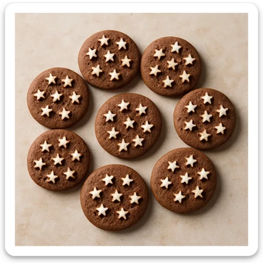 photo realistic Italian Pan di Stelle cookies arranged in a circle, white stars clearly visible sticker