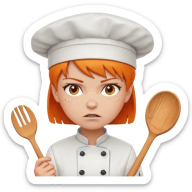 girl, Short orange hair, angry, wearing chef uniform and chef hat sticker