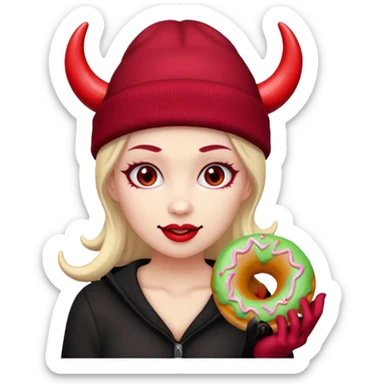 female devil wearing beanies holding donut sticker