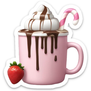 hot chocolate with mug and whip cream and chocolate drizzle and pale pink strawberry and marshmellows sticker