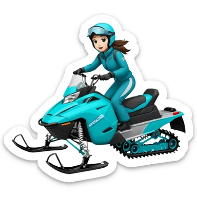 Can you create an emoji of a brunette girl on a teal polaris khaos 850 155 snowmobile doing a wheelie with snow flying sticker