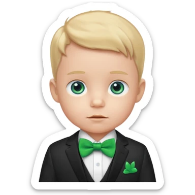 baby boy in suit, blue eye, with green bow sticker