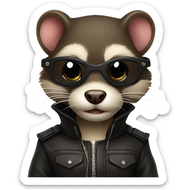 A ferret wearing leather, with the words “freaky ferret” sticker