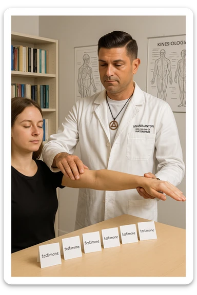 a middle-aged man in a calm, well-lit studio, wearing casual professional attire, performs a classic muscle test on a client’s outstretched arm. On a nearby table, there are small envelopes or vials labeled “testimone” representing samples or objects connected to a distant person. The atmosphere is focused and serene, with books and charts about kinesiological techniques in the background. sticker