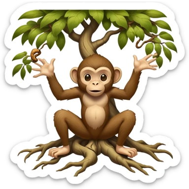 A mythical being standing on human feet with gnarly tree roots for legs and a playful monkey face sticker