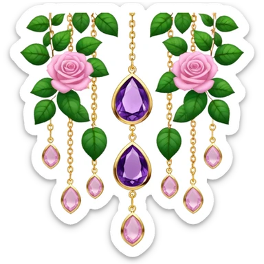 Hanging suncatcher, gold chains with shiny sparkly amethyst and rose-quartz gemstones, roses, beautiful leaves, gorgeous aesthetics sticker