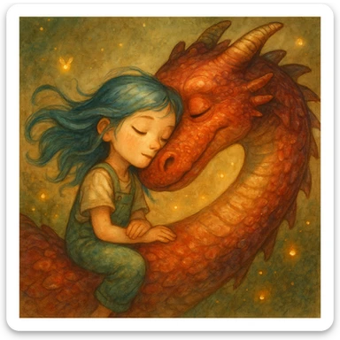 A dreamy, ethereal illustration of a young girl peacefully sleeping on the long, curved neck of a red dragon, cheek to cheek. Her blue hair flows gently as if caught in a soft breeze, and she wears delicate green overalls. The dragon’s skin has intricate, painterly textures, glowing subtly under the warm, golden light. Tiny fireflies and soft, ambient light enhance the magical atmosphere. Highly detailed, whimsical, children's book illustration style, with soft yet rich colors, gentle lighting, and a fantasy storytelling feel. Watercolor-like textures, hand-painted aesthetics, cinematic composition. sticker