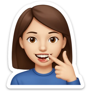 Con una sonrisa en la cara mientras muerde la punta del dedo indice en la boca son sus dientes sticker