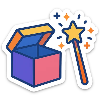 a colorful cartoon style illustration of a box and a magic wand, vibrant colors, suitable for an icon sticker