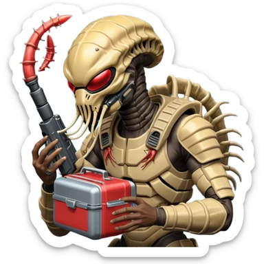 The Predator, as in the 1987 movie, with full armor, shoulder laser gun and mask eating an Alien facehugger from a lunchbox, the setting should be dark and sci-fi. sticker
