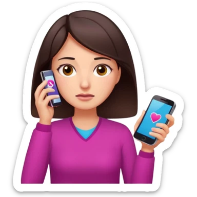 Social media manager. She has dark brown hair, brown eyes, overwhelmed expression, tired eyes, slightly stressed face,a holding a smartphone with notifications piling up. Use vibrant colors with a focus on pink and fuchsia tone sticker