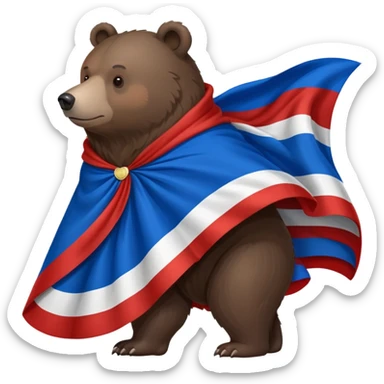 Medium-dark brown bear on all four legs with Russian flag (white, blue, red horizontal stripes) draped over its back like a cape or cloak, flowing slightly, side view sticker