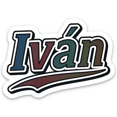 Text image of the name 'Iván' in a masculine, modern, gradient font with precise Hungarian characters, dark contour, prominent and clearly visible white border as in sample images, dynamic slanted underline, masculine color shades including blue, gray, burgundy, green, and brown, 1000x1000 px, PNG, transparent background. sticker