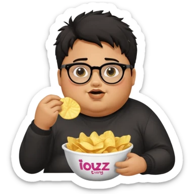 generate a pretty bratz boy with spectacles on, fat, tan. Black hair messy. eating chips sticker
