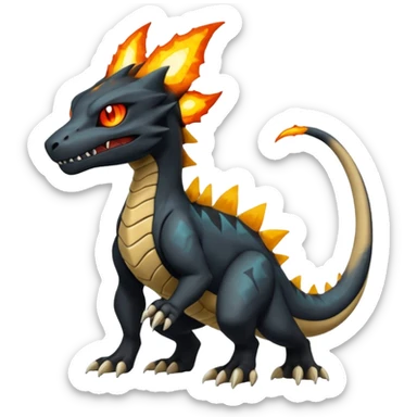 Magmatic fiery badass cool obsidian-Black and golden-orange Helioptile-Marowak-Salamence-Fakémon-hybrid-creature (full body)  sticker