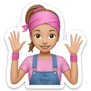 Light skin woman with brown ponytail and light pink head bandana. pink t-shirt with denim overalls. Expression is friendly with big smile and waving hello sticker