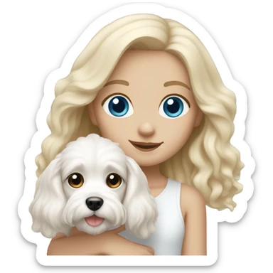 Blonde girl blue eyes holding white cavachon dog sticker