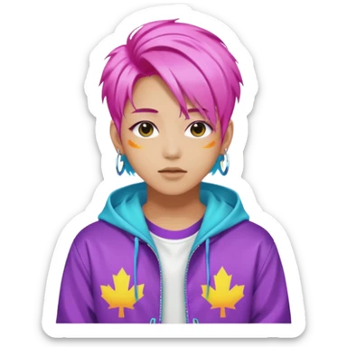 portrait of young idol in Kpop style, wearing flashy streetwear outfit, colorful dyed hair sticker