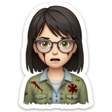  iPhone emoji is a zombie girl with dark hair long below her shoulders bangs and a ragged haircut gray eyes glasses  sticker