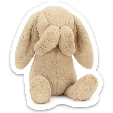 beige Jellycat Bashful Bunny plush, sitting with paws covering face, floppy ears sticker