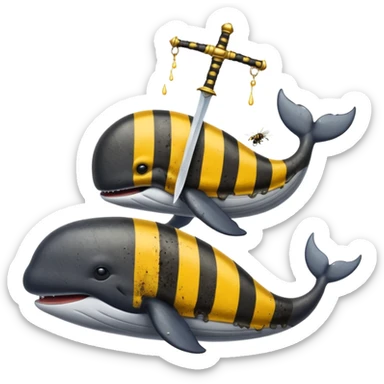 A whale cover with mud and a two bees use sword fighting sticker