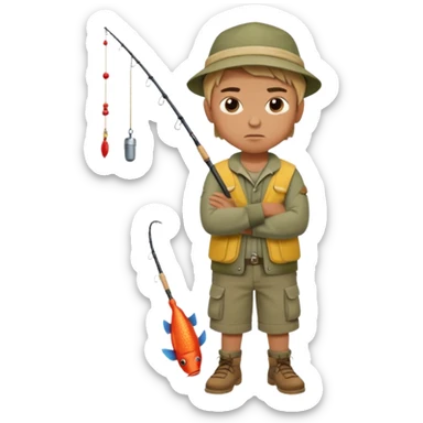 A boy with crossed arms, looking annoyed, dressed in fishing clothes full body sticker