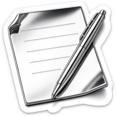 stylized chrome sheet of paper with a shiny pen placed diagonally, futuristic and smooth sticker