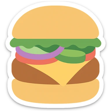 burger emoji with halved bun, salad, pickle, onion, tomato cutlet, sauce, cheese, halved bun sticker