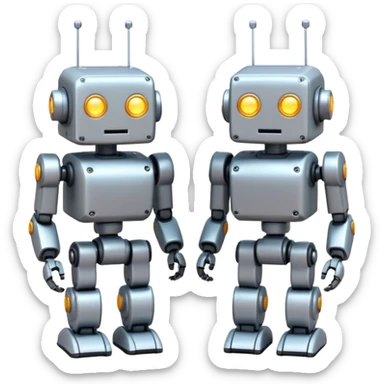 Two cute mini pixel-art robots standing side by side, slightly leaning toward each other in a friendly pose, shoulder to shoulder, soft friendly f pixels between robots, cinematic space backfi atmosphere, volumetric lighting, soft bloom effect, high detail, ultra clean render, centered  sticker