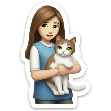 A girl with brown straight hair and a white fluffy cat lying in her arms with eyes of different colors sticker